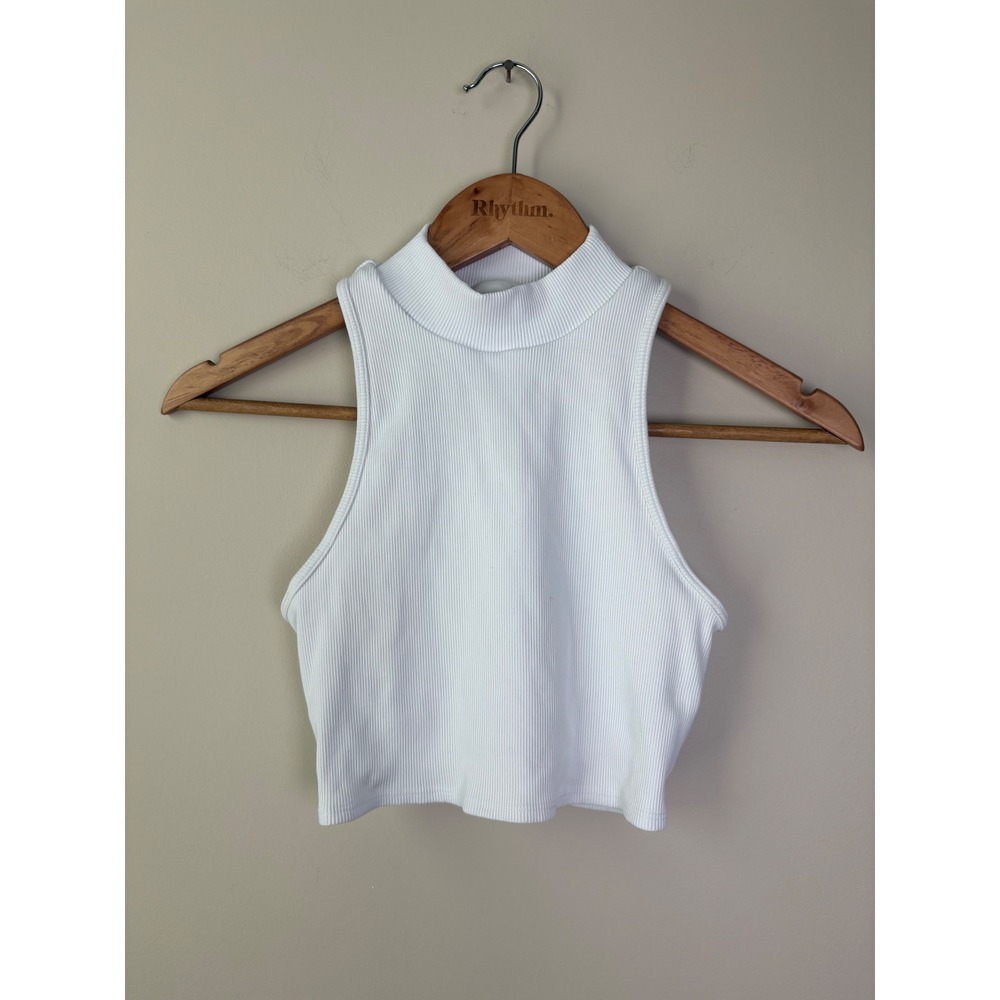 Alo Yoga Ribbed Peak Tank White Mock Neck Open Back Crop Top Size S